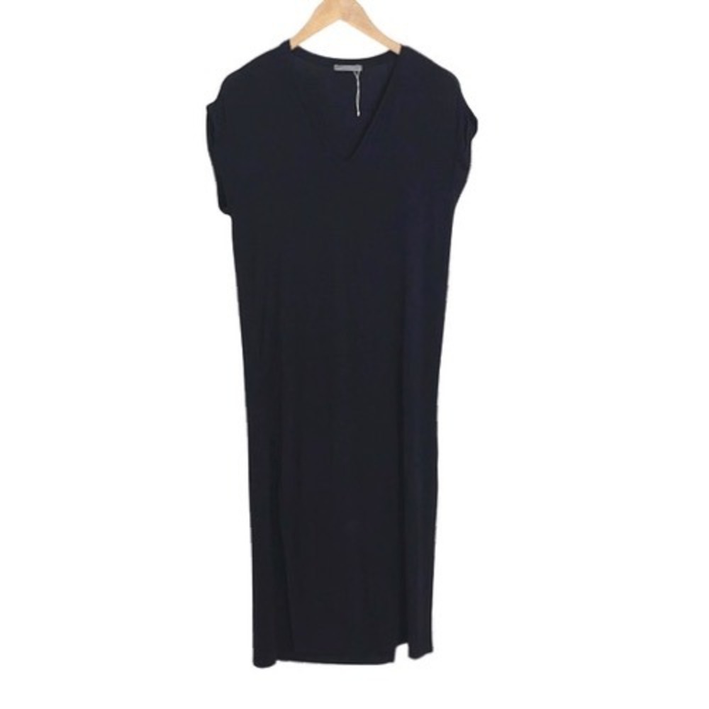 ZARA W&B Collection Womens V-Neck Cap Sleeve Midi T-Shirt Dress Black Small‎